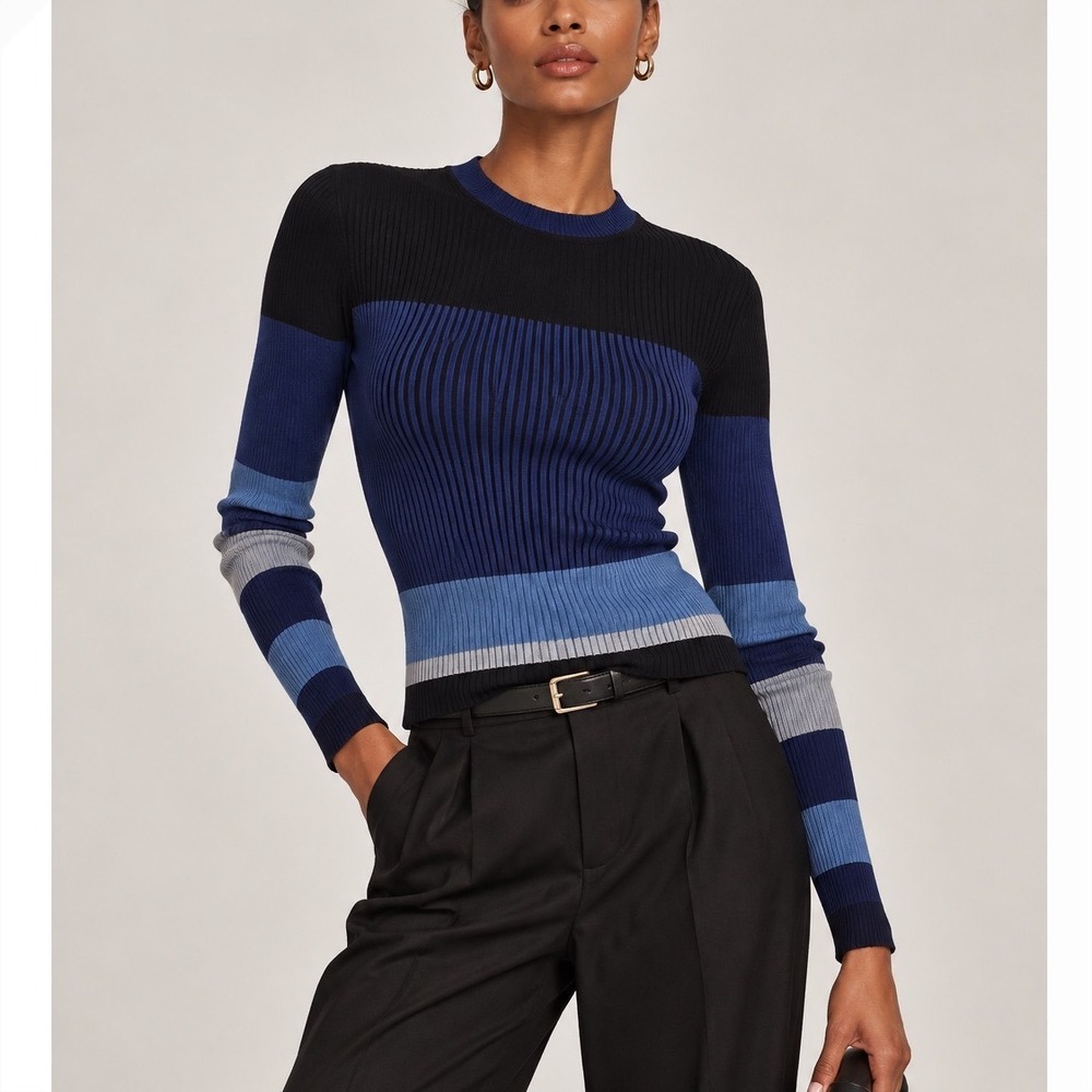 Diane von Furstenberg Women Small Cropped Pleated Pullover Navy Blue Sweater